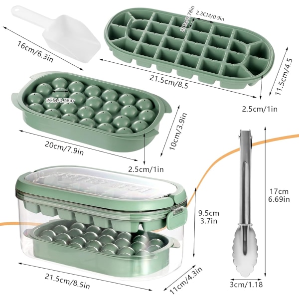 Jääpalamuotti kannella ja säilytyksellä, 2 kerrosta jääpalamuotteja pyöreä ja neliömäinen jääpalamuotti, piilotetulla kahvalla, jääpihdeillä ja kauhalla green