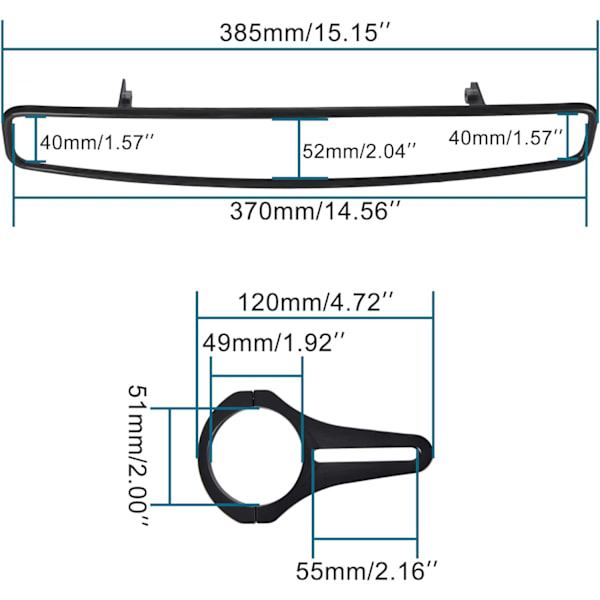 15\" bred centerbackspegel konvex form med klämfäste och 2\" gummibyte för UTV-backspegel RZR 800 1000 S 900 XP 1000 Talon svart