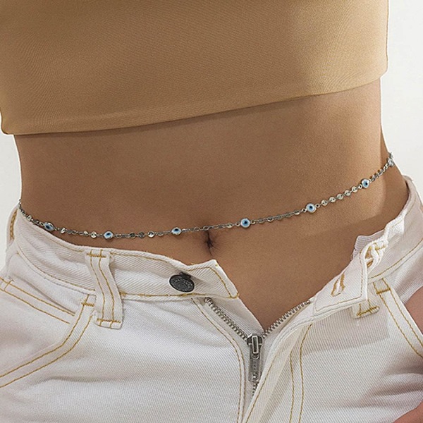 Boho Sequin Beads Belly Chain Silver Evil Eye Waist Chain Sommar Strand Body Chain Smycken för Kvinnor och Flickor