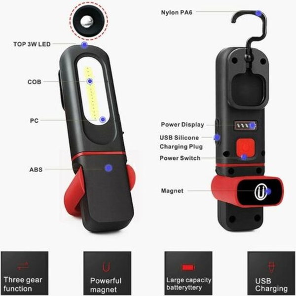 Oppladbar LED arbeidslampe, 2 i 1 inspeksjonslampe med 360 graders rotasjon og 3W COB LED lommelykt med krok for bil | Camping etc