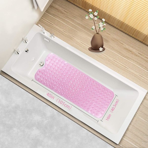 Badekar måtte 30% Ekstra Lang Bruse måtte Anti-Skridsikker Bade måtte med 200 Sug kopper, 16 x 40 tommer Transparent Pink 16 x 40 in