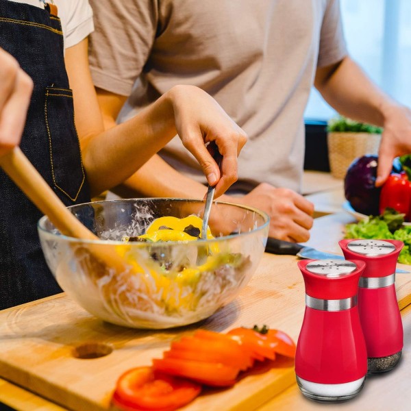 Salt- och pepparskakare (2-Pc. Set) Elegant med genomskinlig glasbotten | Kompakt användning av matlagning, kök och matsal | Klassisk, påfyllningsbar design (röd)