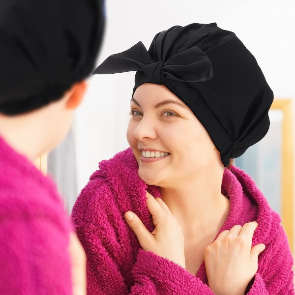 2 stk dusjhetter Justerbar sløyfe Badehårhetter Gjenbrukbar Vanntett Turban Dusjhette Badehette (Rosa, Svart)