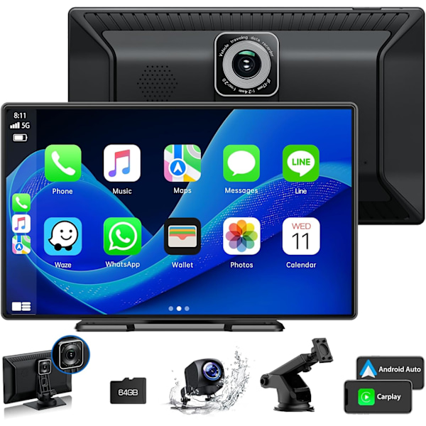 9'' Carplay Skjerm for Bil med 2.5K Dash Cam, 1080p Ryggekamera, Trådløs CarPlay Android Auto Skjerm med Speilkobling