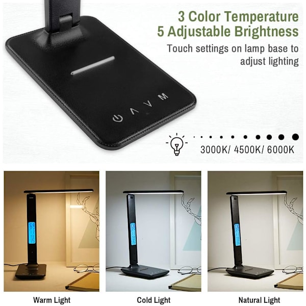 Dimbar LED-bordlampe, 3 moduser/ 5 lysstyrkenivåer/LCD-skjerm/alarmklokke/temperatur og kalender, øyebeskyttende berørings-LED-skrivebordslampe Black