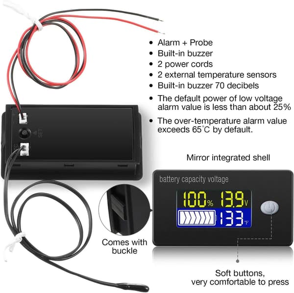12V Batterikapacitetsindikator LCD-display Voltmeter Temperaturtestare För Li-ion Lifepo4 Blysyra