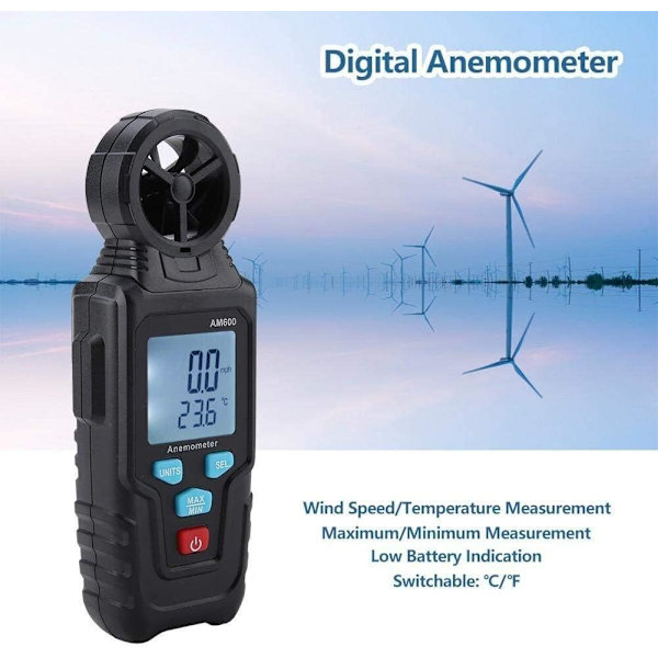 Anemometri, AM600 Herkkä Digitaalinen Anemometri Tuulennopeusnopeusmittari Lämpömittari Taustavalaistulla LCD-mittarilla