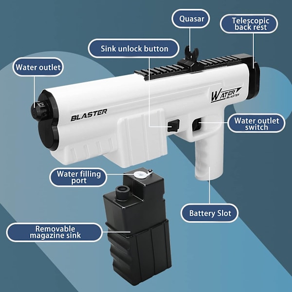 Elektriska vattenpistol leksaker, automatisk vattenspruta pistol, elektrisk vattenpistol för sommar pool party strand utomhusaktiviteter (vit)