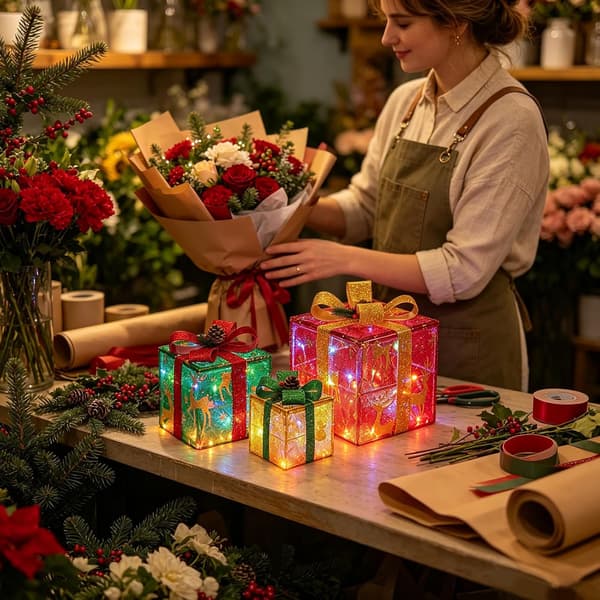 Set med 3 julbelysta presentaskar med fjärrkontroll 50 LED varmvit 8 ljuslägen julbelysning batteridriven lysande presentask (multi) Multi