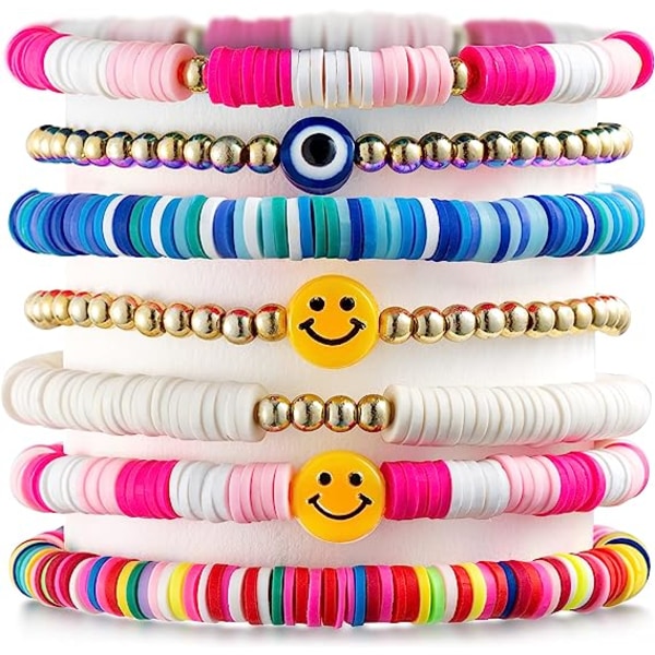 7 st Preppy staplingsbara armband Färgglada Happy Smile Onda ögon Stretcharmband Y2K Handgjorda berlocker