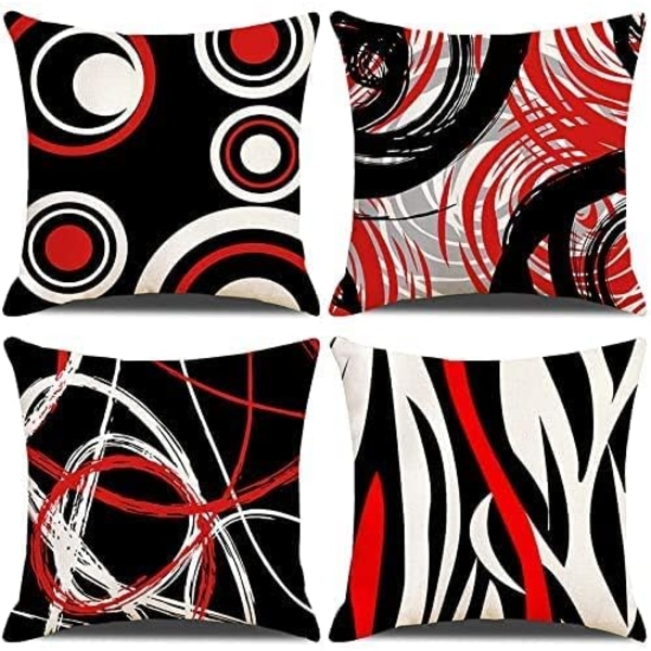 Förpackning med 4 kuddfodral 45x45 cm, dekorativt röd svart linje linne cover
