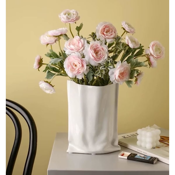 Hvid Keramisk Moderne Vase Krøllet Fold Papirpose Håndlavet Keramisk Vase, Kreative Blomsterarrangement Ornamenter