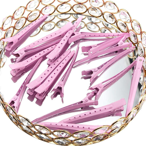 24-pack ankläppsklipp, 3,5 tum rostfria metallkrokodilklämmor med hål för hårstyling, hårfärgning, rosa
