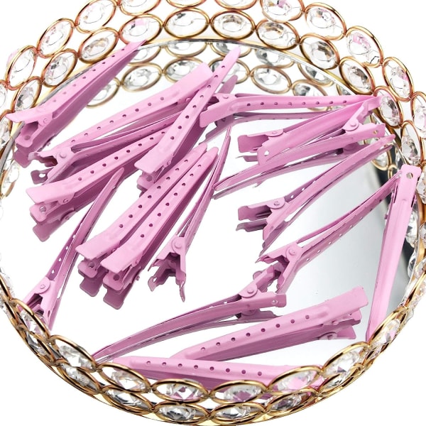24-pack anknäbbklämmor, 3,5 tums rostfria metallkrokodillklämmor med hål för hårstyling, hårfärgning, rosa