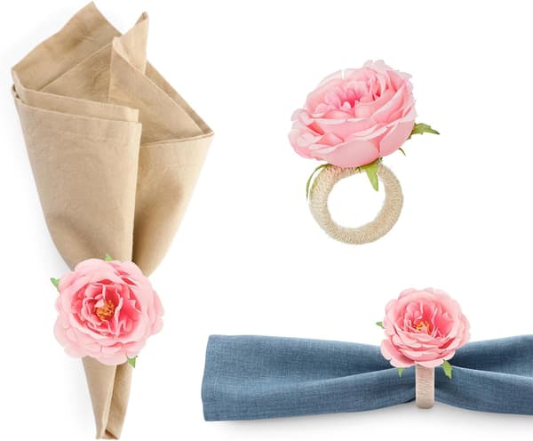 Blomster Servietringe Sæt, 6 Stykker Håndlavede Rose Blomster Servietringe, Bordpynt til Middagsbordet, Servietholder