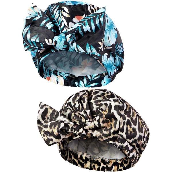 2 Pieces Shower Caps for Women, Waterproof Reusable Shower Hair Caps Elastic Hem Shower Bath Caps (Leaf and Leopard)