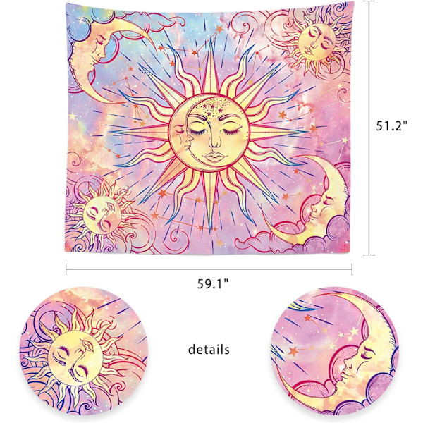 Pastellrosa gobeläng brinnande sol gobeläng mystisk gobeläng himmelsk sol och måne med stjärnor gobeläng