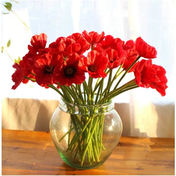 20 ST Konstgjorda vallmoblommor Konstgjord blomma för bröllop Holiday Brudbukett Hem Party Inredning (röd)