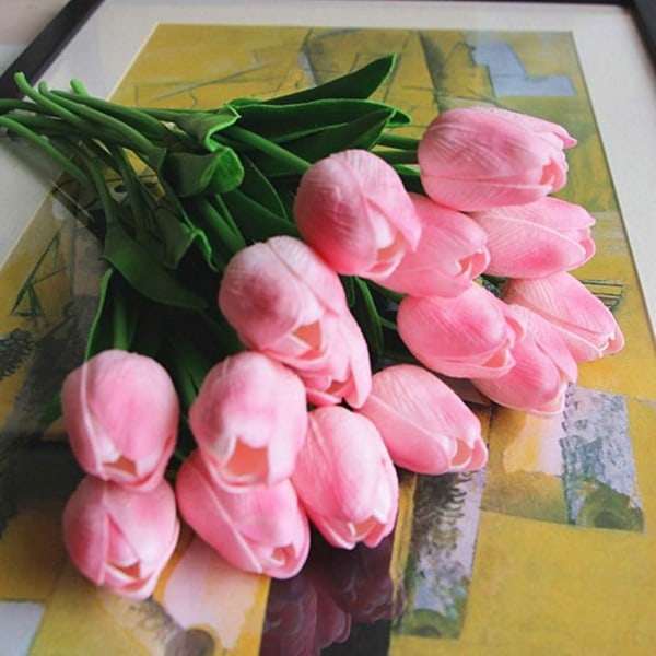 Kunstige PU-tulipaner 10 stk. Real Touch Kunstige Blomsteroppsats Buketter til Hjemmekontor Bryllupsdekorasjon (Rosa)
