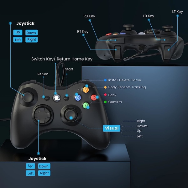 Kablet kontroller for Xbox 360, YAEYE spillkontroller for 360 med dobbel vibrasjon Turbo kompatibel