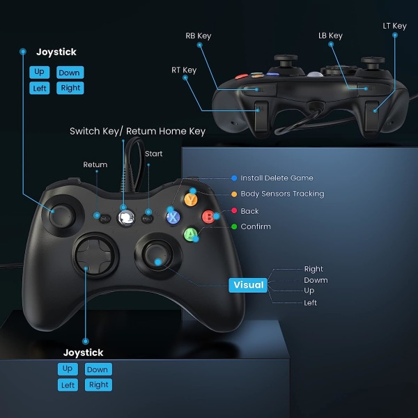 Trådbunden handkontroll för Xbox 360, spelkontroll för 360 med dubbla vibrationer Turbo kompatibel med Xbox 360/360 Slim och PC Windows 7,8,10 Black