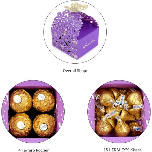 50 stk./sæt Blomster Sommerfugl Hule Slikæske Cookie Gaveæsker Romantiske Bryllupsgaver Søde Chokoladeæske Festartikler Purple 8*7*6.5CM