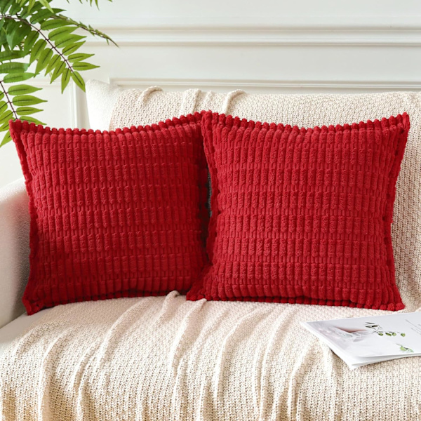 Kuddfodral set om 2 i sammet, dekorativt fyrkantigt randigt örngott med sydda kanter, kuddfodral 50 x 50 cm Red
