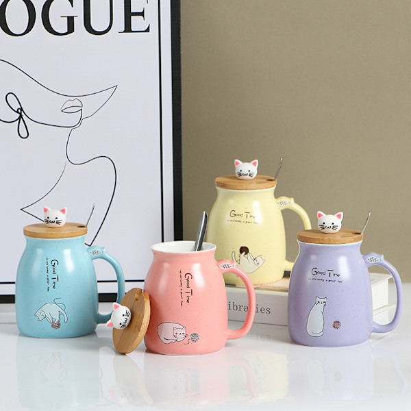 Tekop med ske og låg, keramisk kaffekop, kawaii katte kop, søde tekopper, søde ting, fødselsdagsgaver, 401-500ml Azul