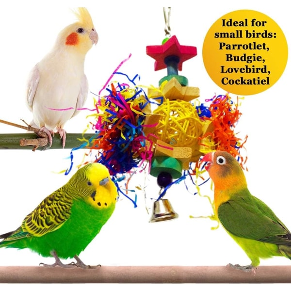 Papegojleksaker, färgglada hängande leksaker gjorda av rotting, trä och strimlat papper för små till medelstora papegojor, cockatiels, lovebirds och finkar