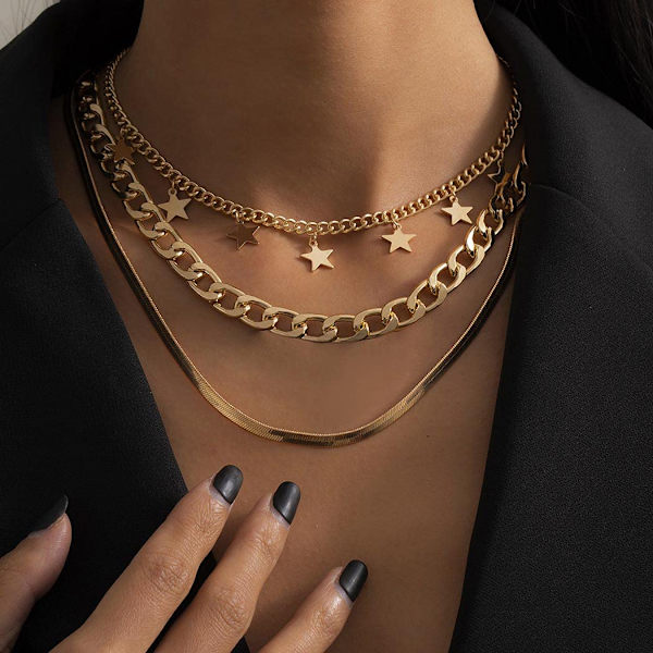 Punk Lagt Kæde Halskæde Stjerne Slange Knogle Lænke Multilayer Choker Halskæder Lagdeling Papirclips Halskæde Kæde Smykker gold A