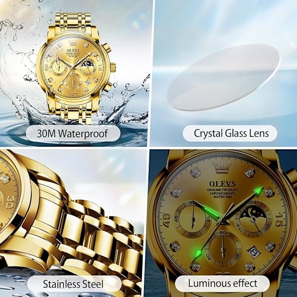 OLEVS Herre Chronograph Klokke, Vanntett Multifunksjonsurskive med Dato Diamantklokker for Menn Gold Dial/Gold Band