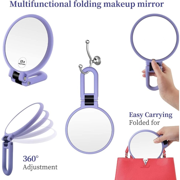 1X 15X förstorande handhållen spegel，dubbelsidig hopfällbar handspegel för kvinnor med justerbart handtag (lila）