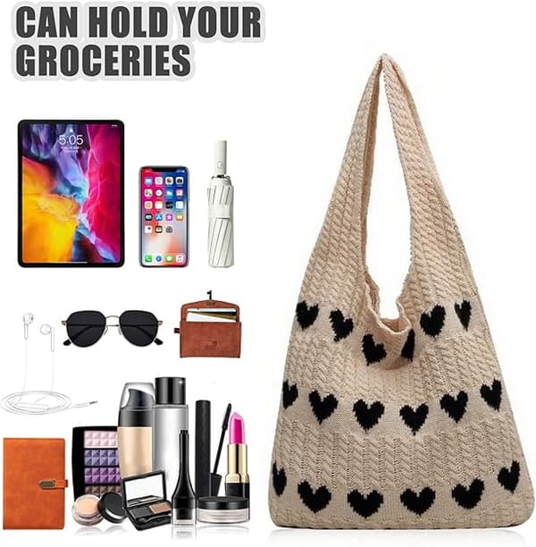 Hæklet mulepose, strikkede håndtasker til kvinder, netstrandtaske, strandtaske til kvinder, retro hæklet netstrandmulepose, boho skuldertaske, khaki+sort Khaki+black