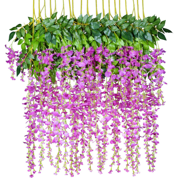 12 Pakke Kunstige Blomster Silke Wisteria Vinstokk Ratta Hengeblomst for Bryllup Hage Floral DIY Stue Kontor Dekor Purple 3.6 Feet