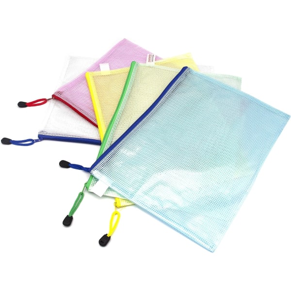 5 stk. A4-lommer i plast - Mapper med lynlås - Ekstra tykke dokumentlommer i mesh med lynlås - Ziplock-poser - A4-lommer i plast - Skoleartikler
