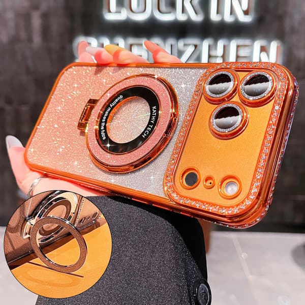Magneettinen jalusta iPhone 18 Pro -suojakuorelle kimaltelevalla kortilla, oranssi Orange iPhone18PRO
