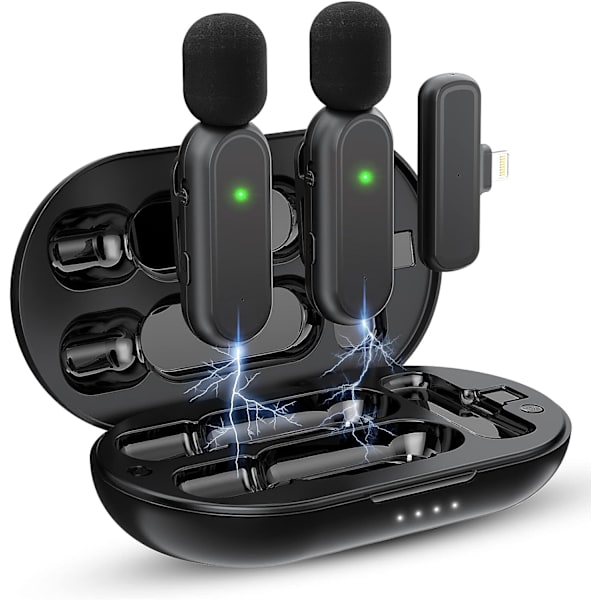 iPhone iPad trådløs mikrofon (2 TX + 1 RX + opladningsetui), mini mikrofon 3 tilstands støjreduktion til videooptagelse