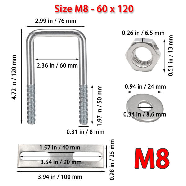 Neliömäiset U-pultit, 60x120mm ruostumattomasta teräksestä valmistetut U-pultit, M8 U-pultti mutterirungolla ja aluslevyllä, M8 U-pultti levyjen ja putkien kiinnittämiseen