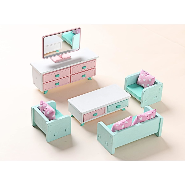 Dockhusmöbler i trä vardagsrum, miniatyrdockhustillbehör dockhusmöbler med soffa, bord och skåp