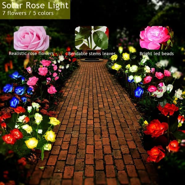 2 stk LED solroselys, 7 blomster vanntette hagelys, utendørs stilys pink