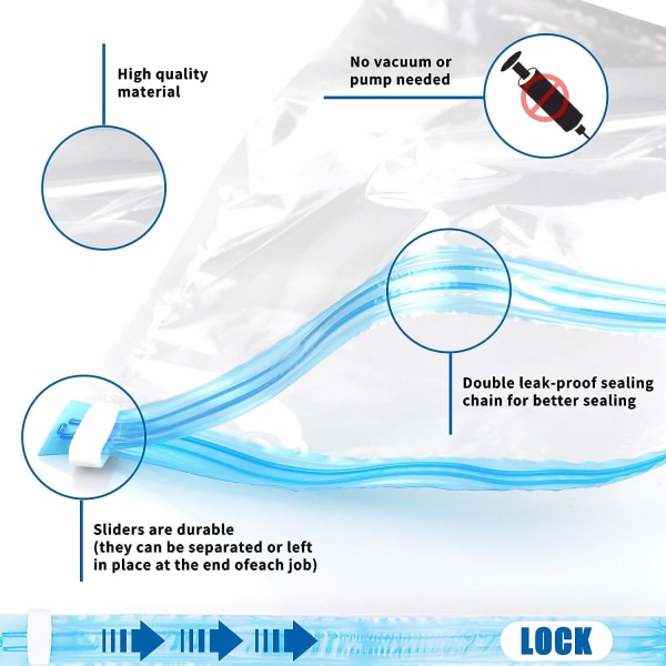 Rul op opbevaringsposer Pladsbesparende poser 6-pak Rejseposer Genanvendelige kompressionsposer Ingen vakuum nødvendig, Vandtætte opbevaringsposer til rejse/hjemmebrug