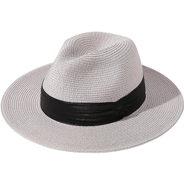 Kvinnor Bred Brätte Halm Panama Rulla upp Hatt Bälte Spänne Fedora Strand Solhatt för kvinnor UPF50+ Grey