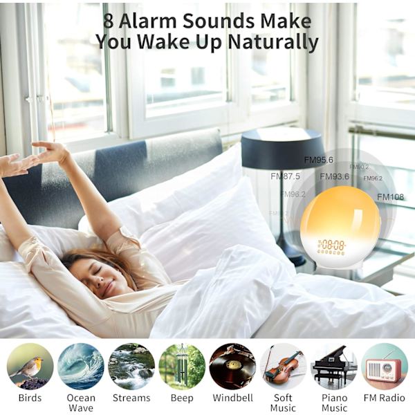 Vekkeklokke med LED-radio, lys som simulerer soloppgang, nattlampe, snooze-funksjon