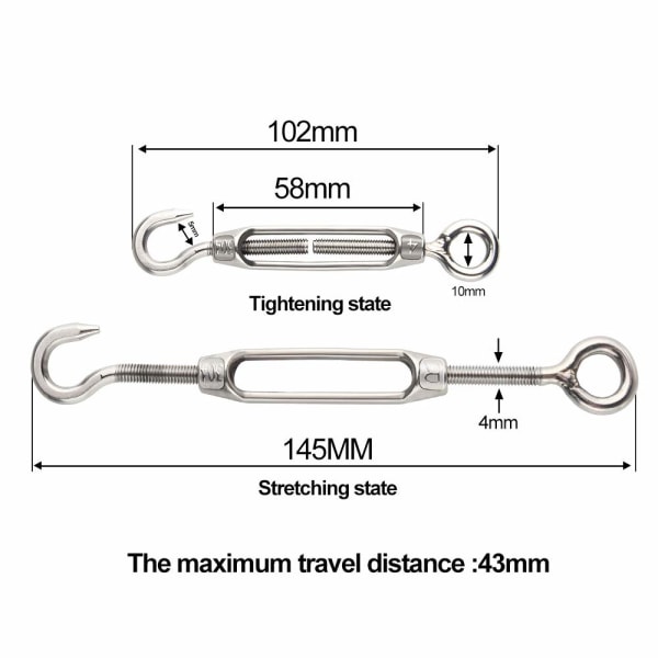 6 stk. Wire Tensioner M4 Rustfritt Stål Justerbar Turnbuckle Hook And Eye Set Heavy Duty