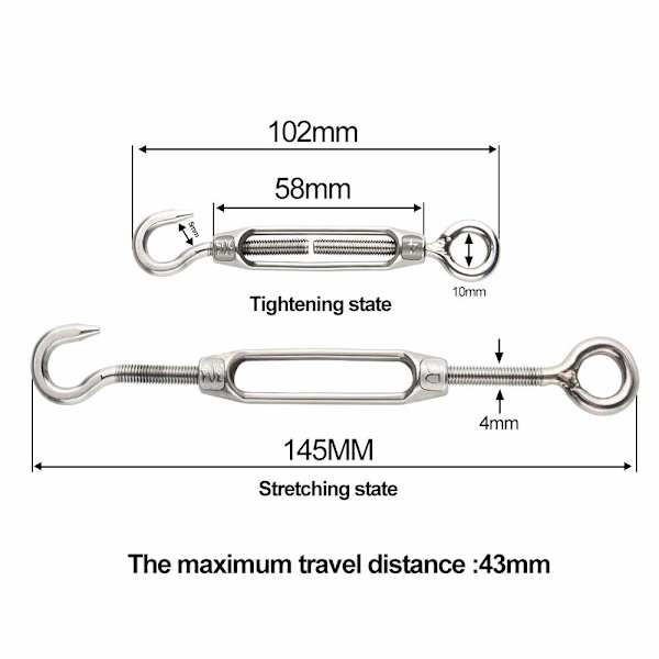 6 stk. Wire Turnbuckle Turnbuckle M4 Rustfrit stål Justerbar Turnbuckle Krog og Øjesæt Heavy Duty
