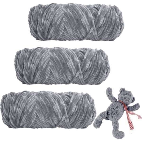 Chenillegarn, Chenillegarn för Virkning, 3 Rullar Garnbollar för DIY Stickning och Virkning, Hantverk Light gray