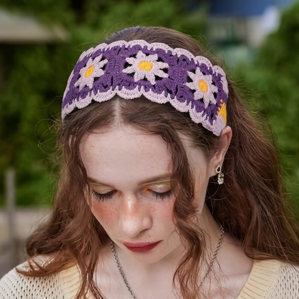 Hippie hårbånd pannebånd for kvinner Boho pannebånd strikkede hårbånd blomsterhodebånd for jenter