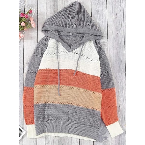 Womens Striped Color Block Hoodies Fashion V Neck Knit Sweater Pullovers grey S