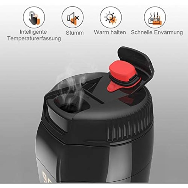 12V biluppvärmningsmugg med spillsäkert lock, bärbar resesmart kaffemugg 20℃~90℃ vattenkokare med variabel temperatur för kaffe/te/mjölk