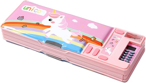 Multifunksjonelt pennal med kalkulator, blyantspisser og timeplan, flere søte mønstre, egnet for jenter og gutter i barneskolen (rosa) Pink